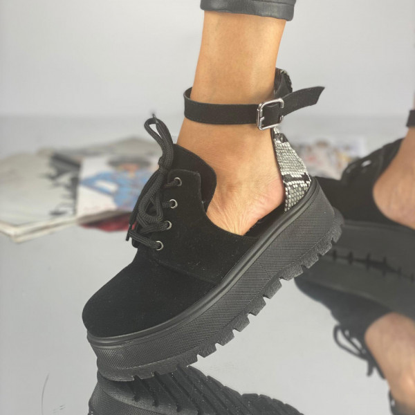 Pantofi Casual Dama cu Platforma Negri Ylan din Piele Ecologica Intoarsa Pinta