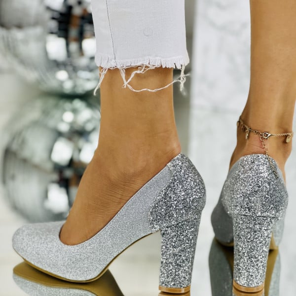 Pantofi cu Toc Gros Argintii din Glitter Abigail