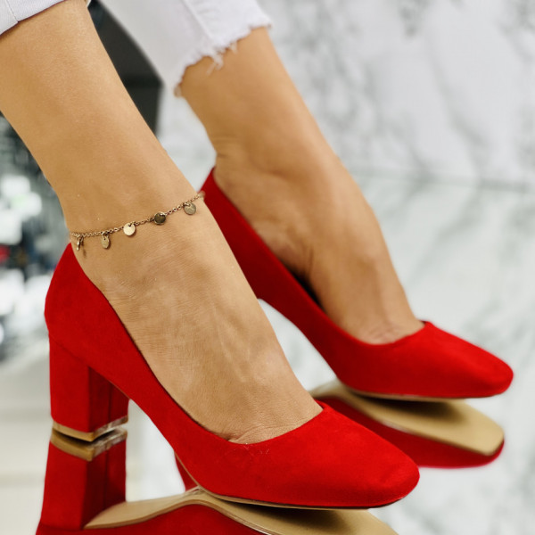 Pantofi cu Toc Gros Rosii din Piele Ecologica Intoarsa Glory