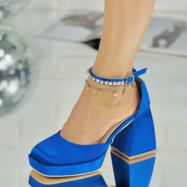 Pantofi Dama cu Platforma si Toc Albastri din Satin Alcestis