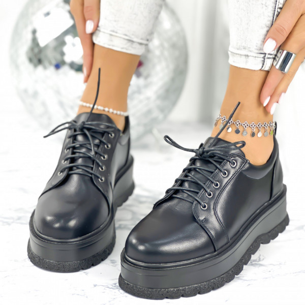 Pantofi Casual Dama cu Platforma Negri din Piele Ecologica Kleny