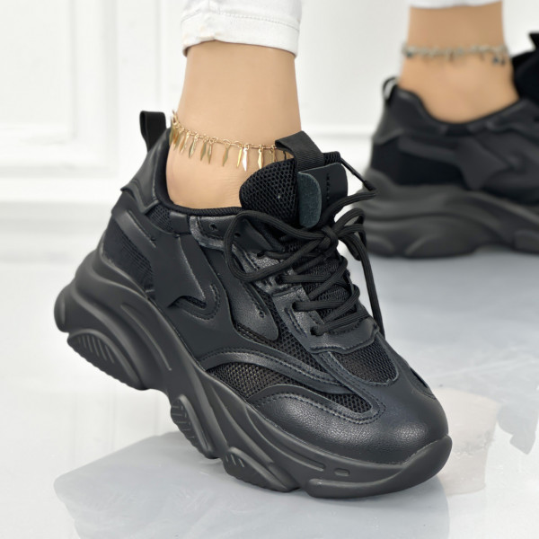 Pantofi Sport Dama cu Platforma Negri din Piele Ecologica Payta