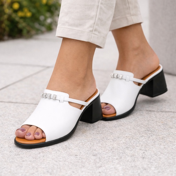 Papuci Piele Naturala Divina White