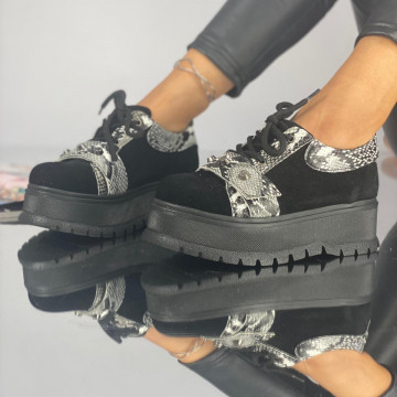 Pantofi Casual Dama cu Platforma Negri Ylan din Piele Ecologica Intoarsa Coreca