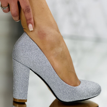 Pantofi cu Toc Gros Argintii din Glitter Fundamy
