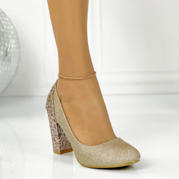 Pantofi cu Toc Gros Aurii din Glitter Abigail