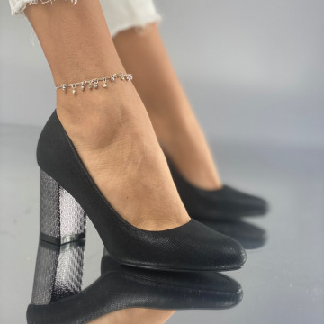 Pantofi cu Toc Gros Negri din Piele Ecologica Simoneta