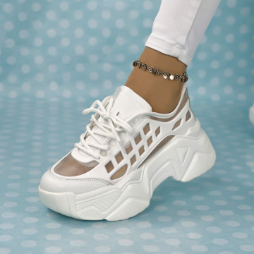 Pantofi Sport Dama cu Platforma Albi din Piele Ecologica Madison