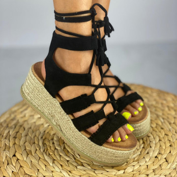 Sandale cu Platforma Negre din Piele Ecologica Intoarsa Aura
