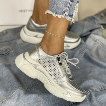 Pantofi Casual Dama Argintii din Piele Naturala Belancia