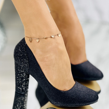 Pantofi cu Toc Gros Negri din Glitter Abigail