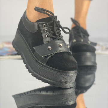 Pantofi Casual Dama cu Platforma Negri din Piele Ecologica Intoarsa Coreca