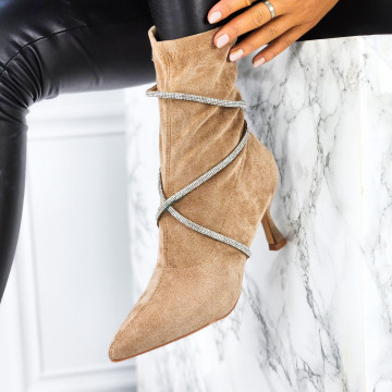 Botine Dama cu Toc Khaki din Piele Ecologica intoarsa Sork
