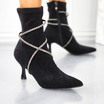 Botine Dama cu Toc Negre din Piele Ecologica intoarsa Sork