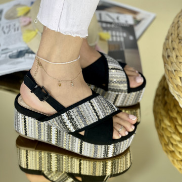 Sandale cu platforma Negre din Piele Ecologica Intoarsa Suni