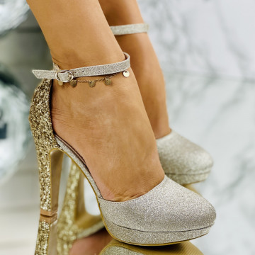 Pantofi Dama cu Platforma si Toc Aurii din Glitter Sereny