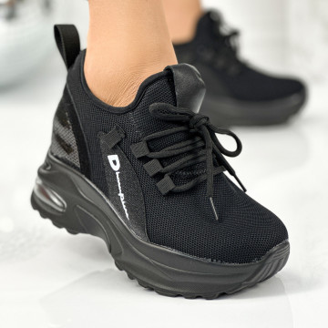 Pantofi Sport Dama cu platforma Negri Albi din Textil Fiton