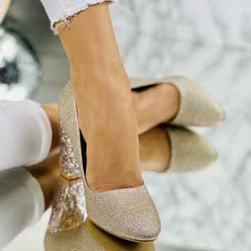 Pantofi cu Toc Gros Aurii din Glitter Bethany