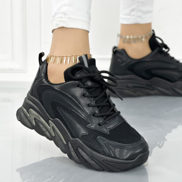Pantofi Sport Dama cu Platforma Negri din Piele Ecologica Gelke