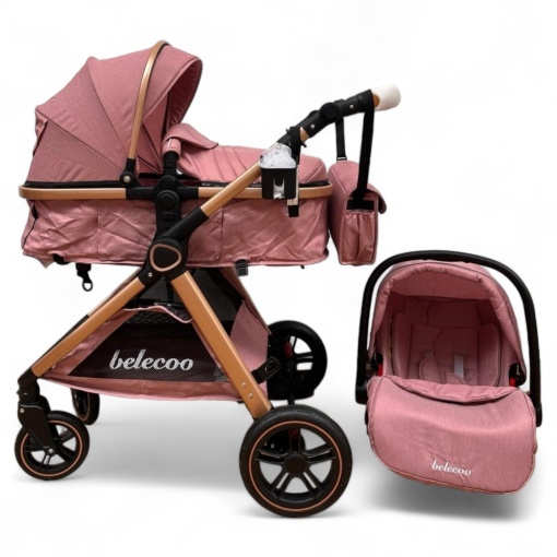 Carucior Copii 3 In 1 Belecoo CLASS Plus Roz Roti Cauciuc, Landou Reversibil Transformabil