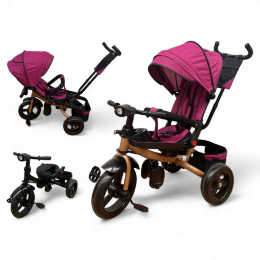 TRICICLETA COPII 5099EVA PLUS CU POZITIE DE SOMN, SCAUN REVERSIBIL, FAR CU LUMINI SI MUZICA MOV GOLD - Img 1