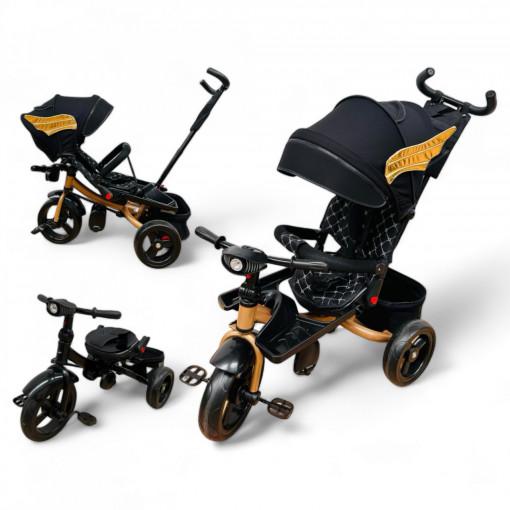 TRICICLETA COPII 5099EVA PLUS CU POZITIE DE SOMN, SCAUN REVERSIBIL, FAR CU LUMINI SI MUZICA BLACK WINGS GOLD