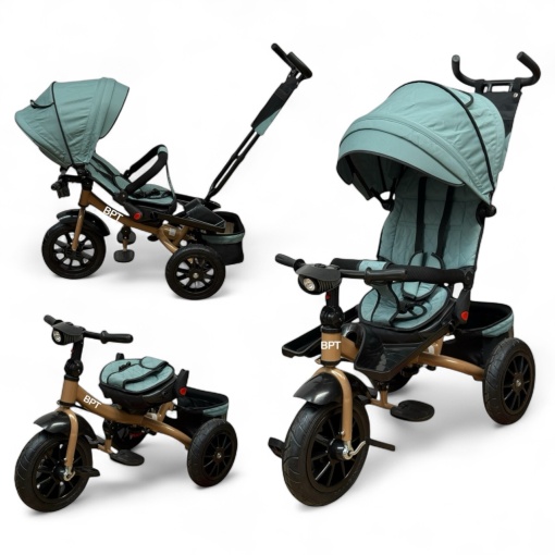 Tricicleta copii cu pozitie de somn,Roti cauciuc plin, muzica si lumini 5099 Green Gold