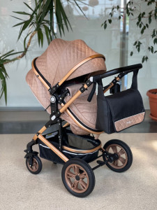 Carucior 3 in 1 Baby Care Cu geanta bebe, Cadru Aluminiu Gold, Amortizoare, Landou, Scoica auto, Spatar reglabil 3 trepte, Plasa insecte, Beige Lux - Img 6