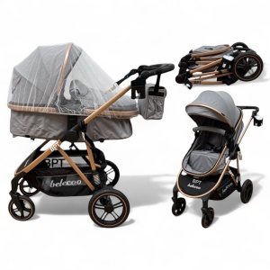 Carucior copii 2 In 1 Belecoo BebeJoy Cu Roti Cauciuc Landou Reversibil Transformabil Baby Grey