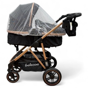 Carucior copii 2 In 1 Belecoo BebeJoy Cu Roti Cauciuc Landou Reversibil Transformabil Baby Black - Img 3