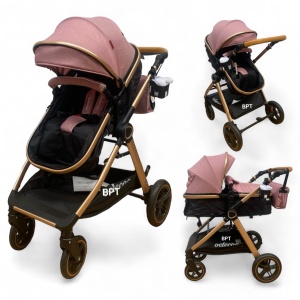 Carucior Copii 2 In 1 Belecoo CLASS Roz Pudra Negru Roti Cauciuc, Landou Reversibil