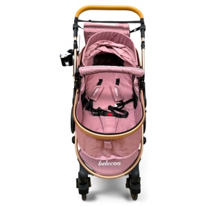 Cărucior copii 2 in 1 Belecoo landou reversibil roti cauciuc accesorii roz pudra - Img 10