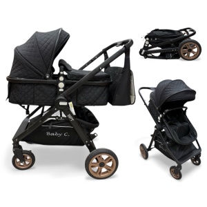 Carucior copii 2 in 1 cu maner reversibil si landou transformabil Baby C. Premium Negru BPTX2S