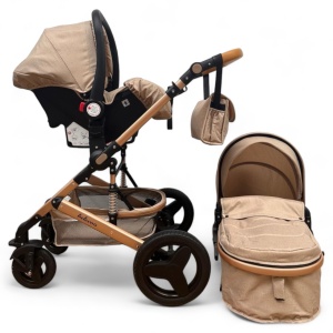 Carucior copii 3 în 1 Belecoo transformabil accesorii Crem Cu Maro - Img 3