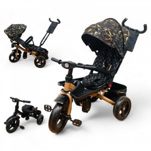 TRICICLETA COPII 5099EVA PLUS CU POZITIE DE SOMN, SCAUN REVERSIBIL, FAR CU LUMINI SI MUZICA NEGRU GOLD - Img 1