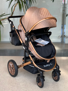 Carucior 3 in 1 Baby Care Cu geanta bebe, Cadru Aluminiu Gold, Amortizoare, Landou, Scoica auto, Spatar reglabil 3 trepte, Plasa insecte, Beige Lux - Img 7