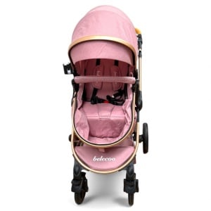 Cărucior copii 2 in 1 Belecoo landou reversibil roti cauciuc accesorii roz pudra - Img 7