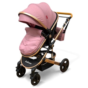 Cărucior copii 2 in 1 Belecoo landou reversibil roti cauciuc accesorii roz negru - Img 6