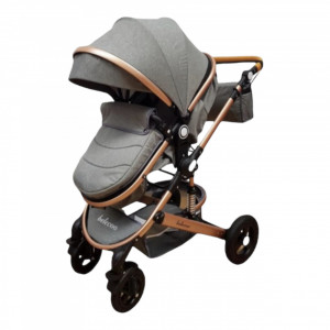 Cărucior copii 2 in 1 Belecoo landou reversibil roti cauciuc accesorii gri - Img 5
