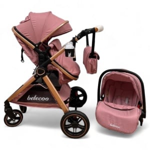 Carucior Copii 3 In 1 Belecoo CLASS Plus Roz Roti Cauciuc, Landou Reversibil Transformabil - Img 4