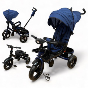 TRICICLETA COPII 5099EVA CU POZITIE DE SOMN, SCAUN REVERSIBIL, FAR CU LUMINI SI MUZICA, BLEUMARIN - Img 1