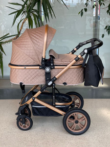 Carucior 3 in 1 Baby Care Cu geanta bebe, Cadru Aluminiu Gold, Amortizoare, Landou, Scoica auto, Spatar reglabil 3 trepte, Plasa insecte, Beige Lux - Img 8