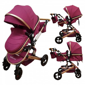 Carucior bebe 2 in 1 Belecoo Roze Roti Cauciuc, Landou Reversibil - Img 1