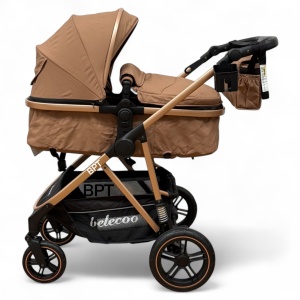 Carucior copii 2 In 1 Belecoo BebeJoy Cu Roti Cauciuc Landou Reversibil Transformabil Baby Beige - Img 3