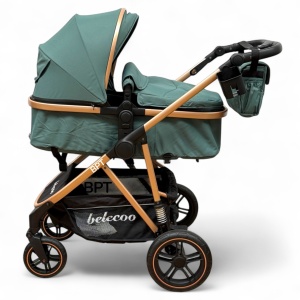 Carucior copii 2 In 1 Belecoo BebeJoy Cu Roti Cauciuc Landou Reversibil Transformabil Baby Green - Img 2