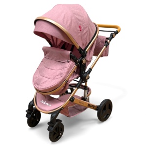 Cărucior copii 2 in 1 Belecoo landou reversibil roti cauciuc accesorii roz pudra - Img 4