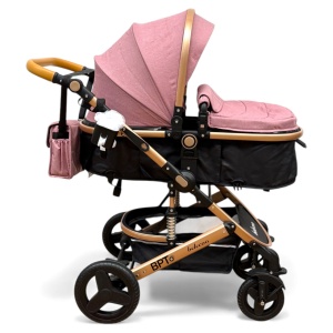 Cărucior copii 2 in 1 Belecoo landou reversibil roti cauciuc accesorii roz negru - Img 3
