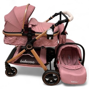 Carucior Copii 3 In 1 Belecoo CLASS Plus Roz Roti Cauciuc, Landou Reversibil Transformabil - Img 5