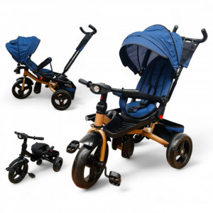 TRICICLETA COPII 5099EVA PLUS CU POZITIE DE SOMN, SCAUN REVERSIBIL, FAR CU LUMINI SI MUZICA ALBASTRU GOLD - Img 1