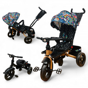 TRICICLETA COPII 5099EVA PLUS CU POZITIE DE SOMN, SCAUN REVERSIBIL, FAR CU LUMINI SI MUZICA COLOR GOLD - Img 1
